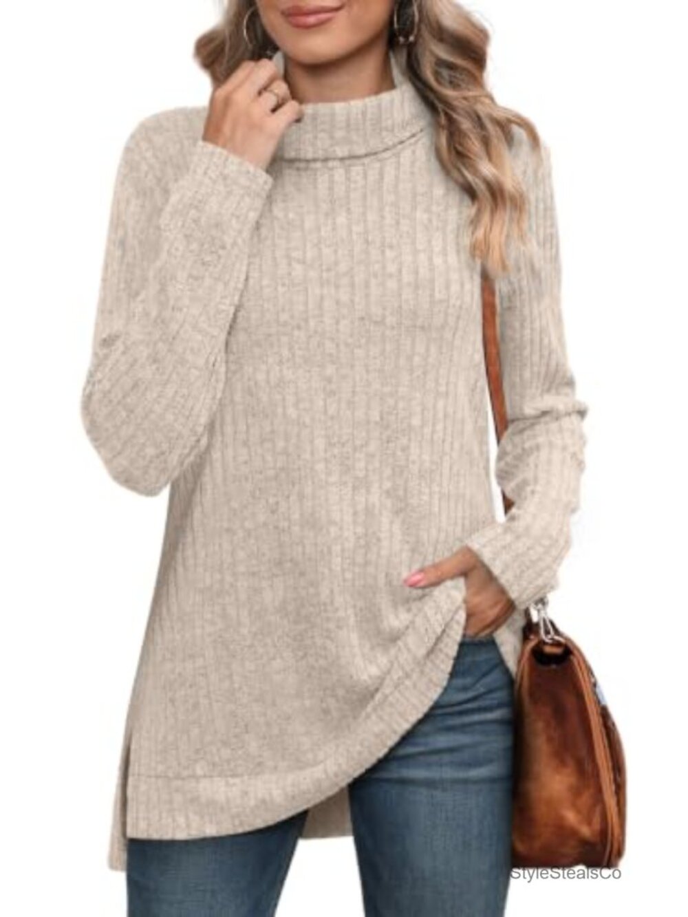 Womens Tunic Top Turtleneck Long Sleeve Oversized Sweater High Low Hem